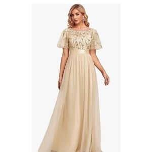 NWT TS Couture Cream Satin Netting Sequined & Embroidered Long Gown XS